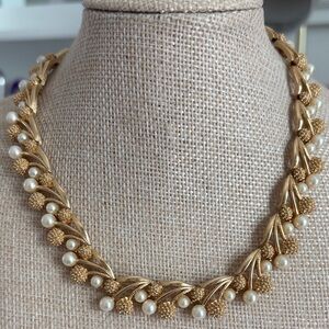 Vintage Crown Trifari Berry and Leaf Necklace Gold and Faux pearl